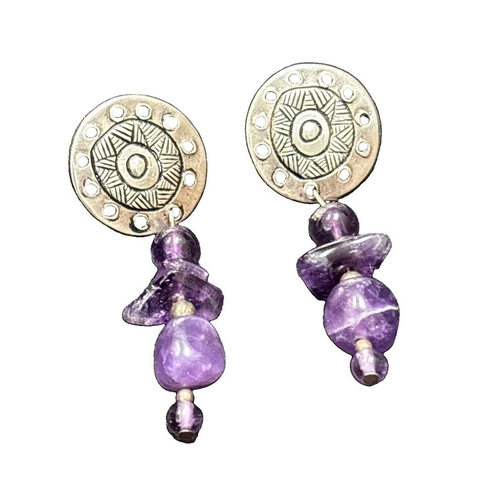 Vintage Artisan Sun Sterling Silver Stud Earrings With Dangle Purple Amethyst 2”